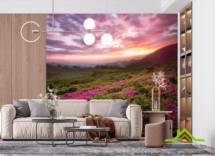 Фотообои закат над сиреневыми цветами