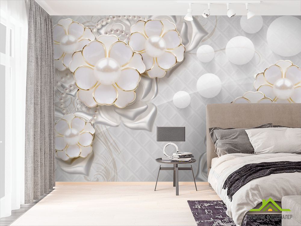 Фотошпалери Білі квіти з перлами