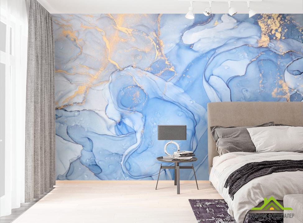выбрать Фотошпалери Блакитний флюїд з золотом Фотошпалери Fluid art на стіну