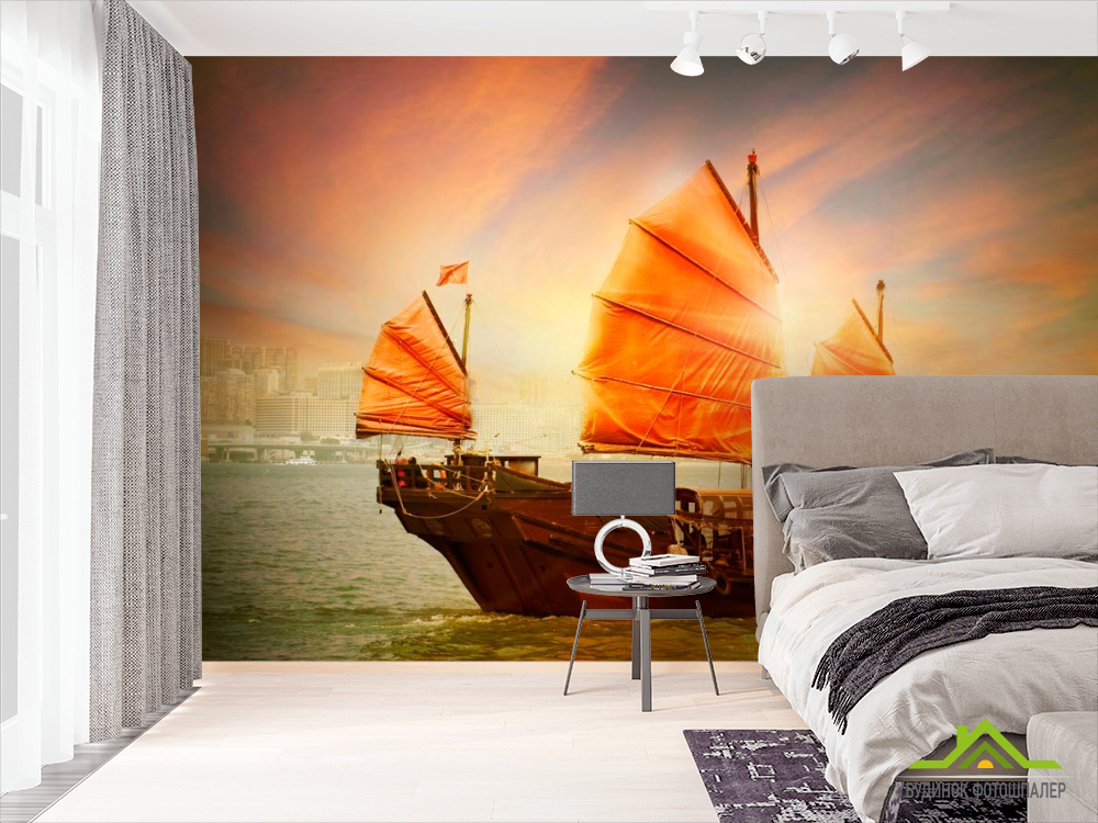 Фотообои Корабль с оранжевыми парусами