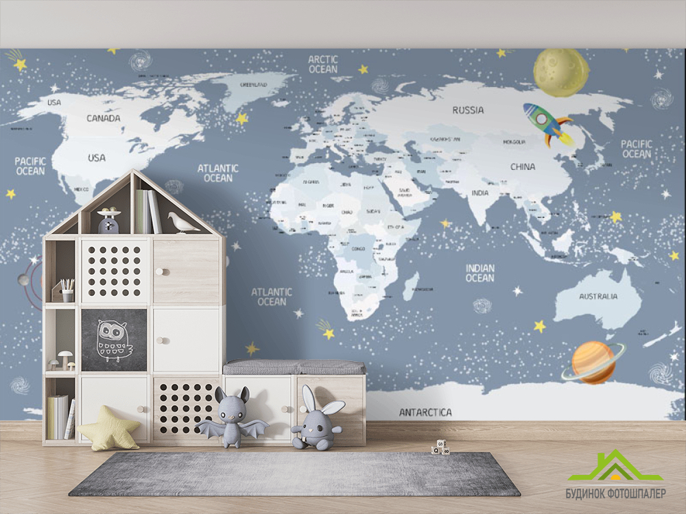 Фотошпалери блакитна карта дитяча англійською мовою