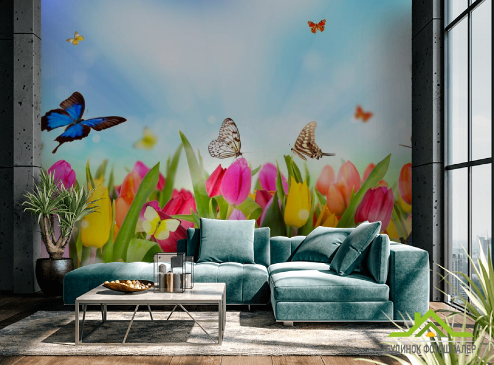 выбрать Фотообои Тюльпаны, поле, бабочки Фотообои Тюльпаны на стену
