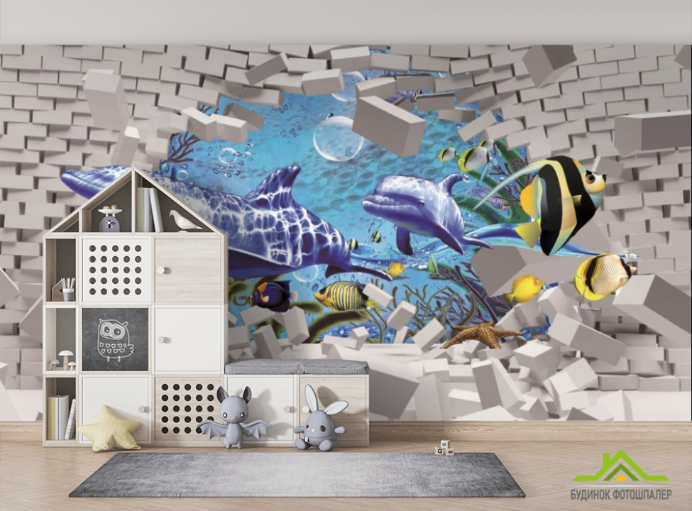 выбрать Фотошпалери цегляна стіна і дельфіни Дитячі фотообої на стіну