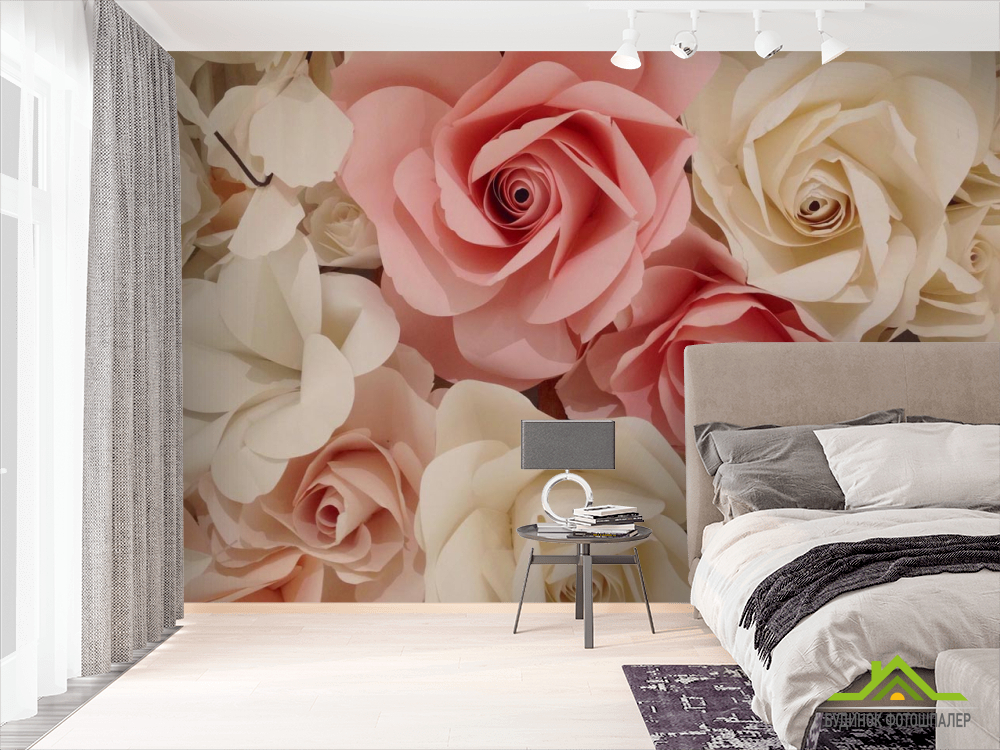 Фотошпалери білі і рожеві троянди з паперу