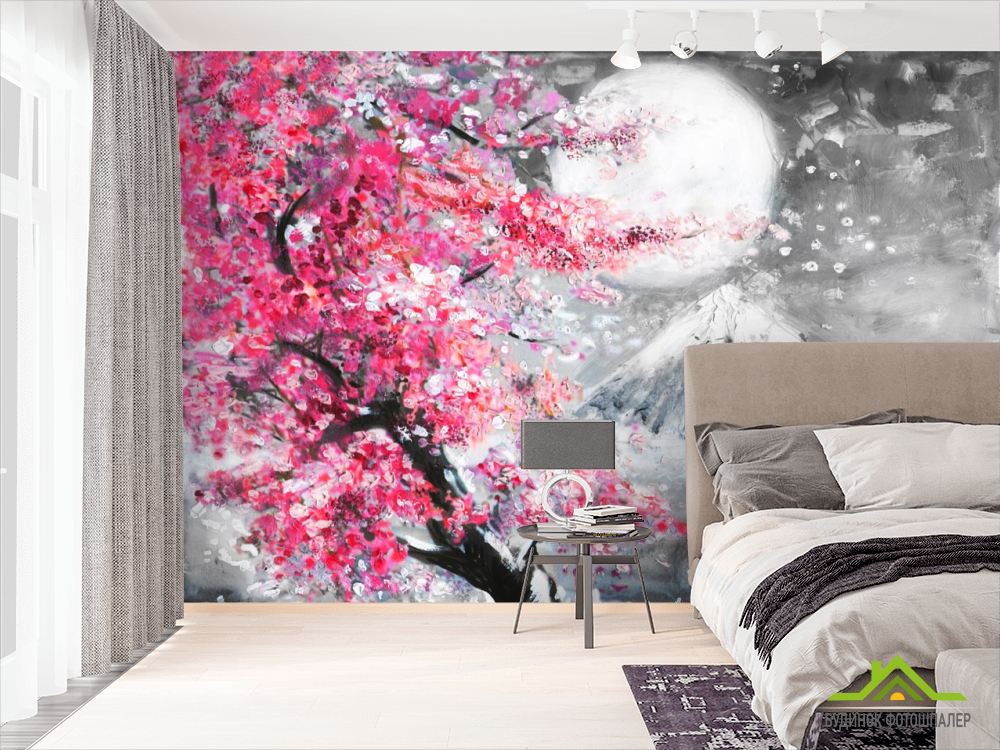 Фотошпалери картина біла луна над рожевим деревом