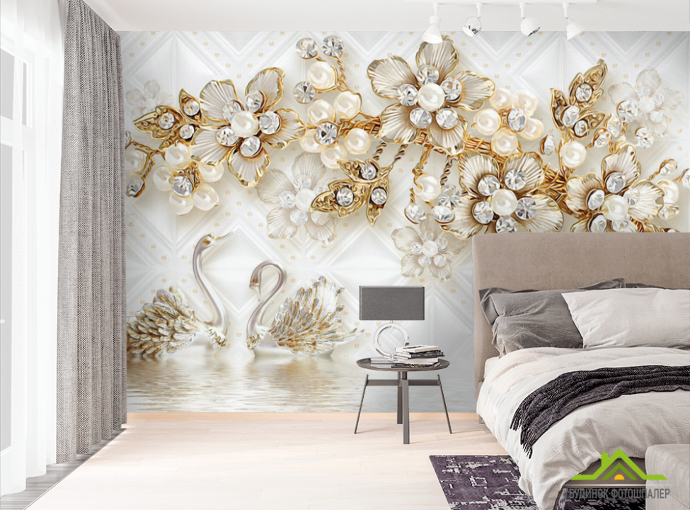 выбрать Фотошпалери Золоті квіти з лебедями Фотошпалери квіти 3d на стіну