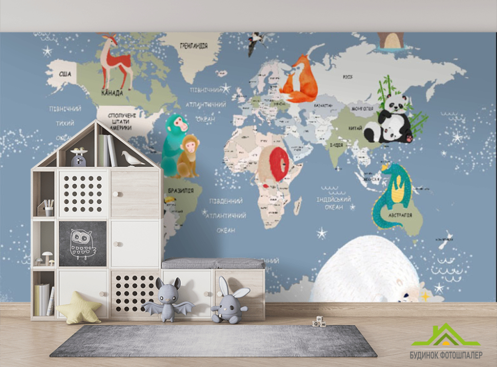 выбрать Фотошпалери дитяча карта світу з тваринами Фотошпалери Розвиваючі карти на стіну