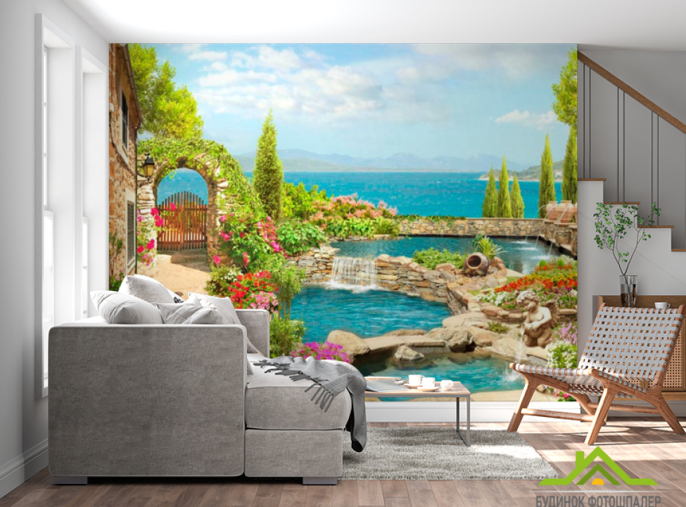 выбрать Фотошпалери Будинок, фонтан, море Фотошпалери Фрески на стіну