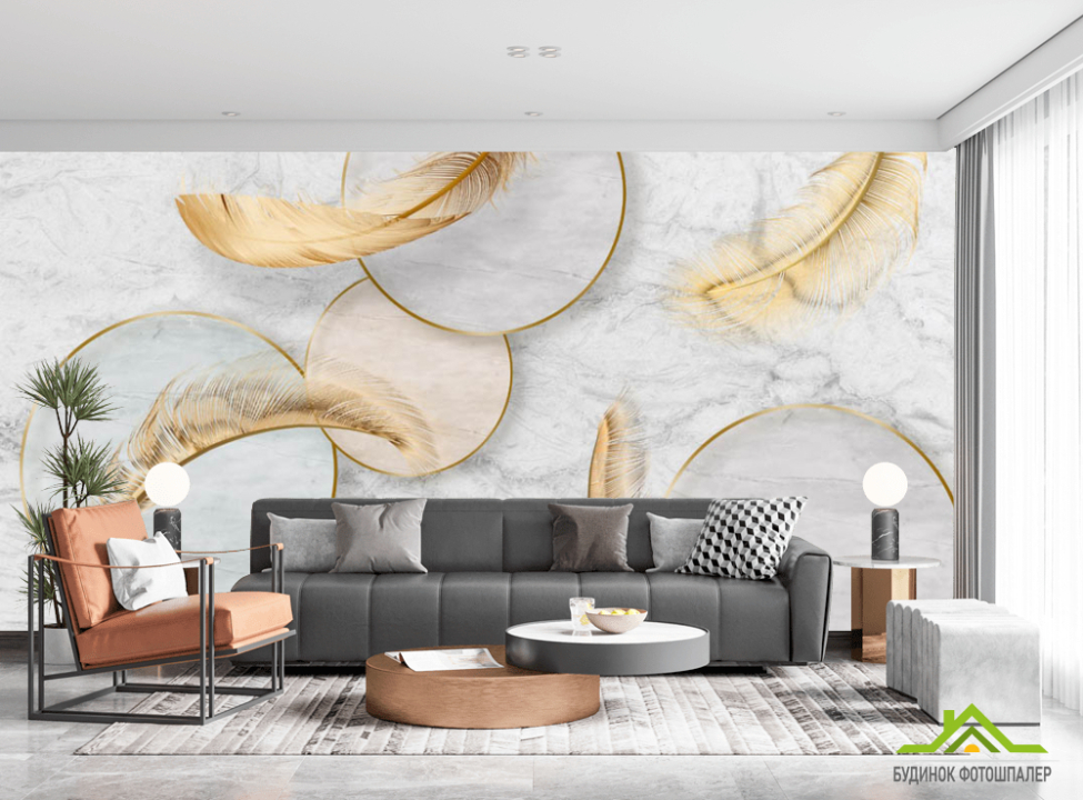 выбрать Фотошпалери золоті пір'я з колами Фотошпалери пір'я на стіну